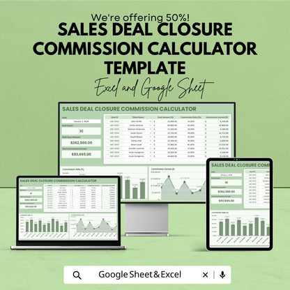 Sales Deal Closure Commission Calculator Template | Excel & Google Sheets | Sales Commission Spreadsheet | Commission Tracker