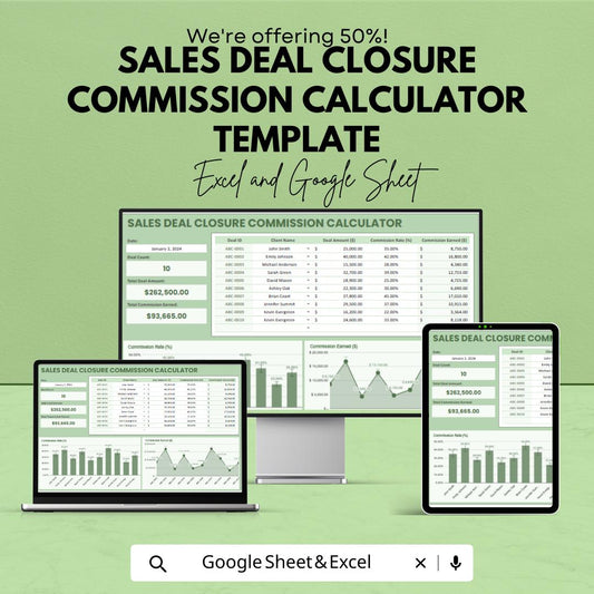 Sales Deal Closure Commission Calculator Template | Excel & Google Sheets | Sales Commission Spreadsheet | Commission Tracker