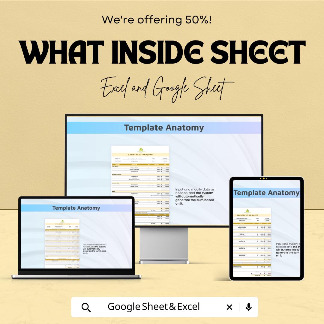 Construction Quote Template | Building Estimate Sheet | Google Sheets & Excel Quotation Form | Contractor Cost Estimate Template