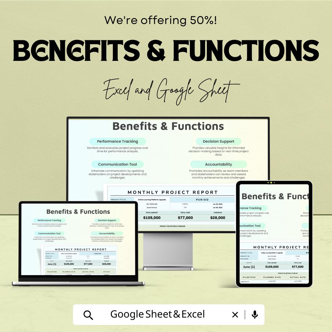 Monthly Project Report Sheet | Excel & Google Sheets Template | Project Tracking, Budgeting, Milestone Monitoring | 50% Off