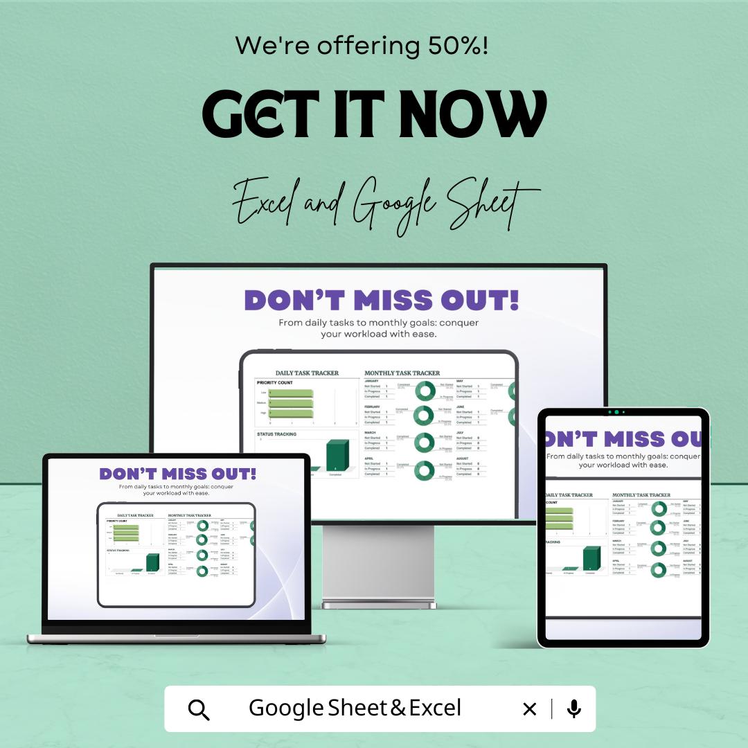 Daily and Monthly Task Tracker Sheet | Excel and Google Sheets | Task Management Template | Productivity & Goal Planner