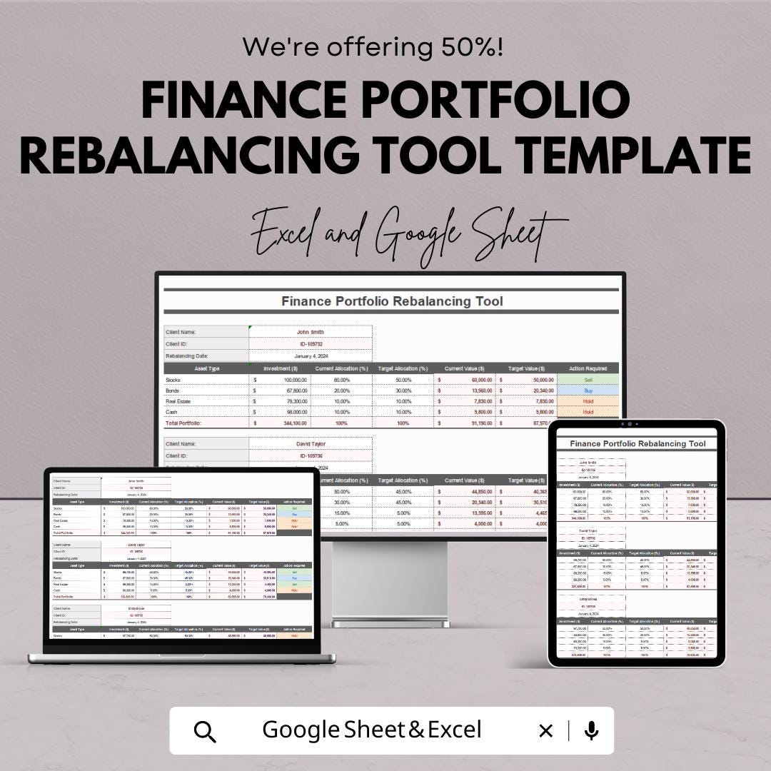 Finance Portfolio Rebalancing Tool Template | Investment Rebalancing Spreadsheet | Asset Allocation Tracker | Excel & Google Sheets