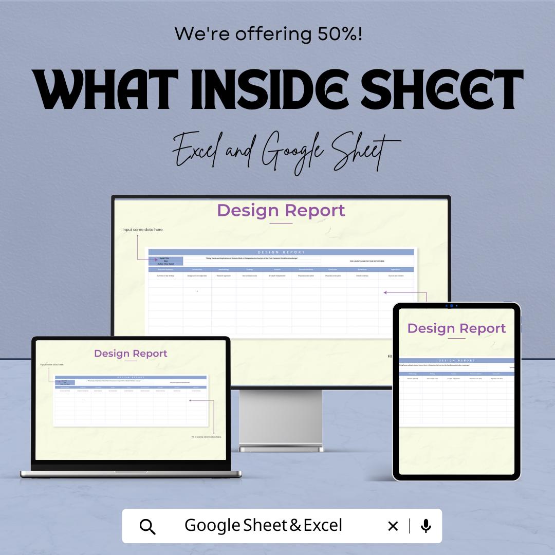 Design Report Template | Excel and Google Sheets | Project Report Template | Business Design Template | Report Layout for Work & Study