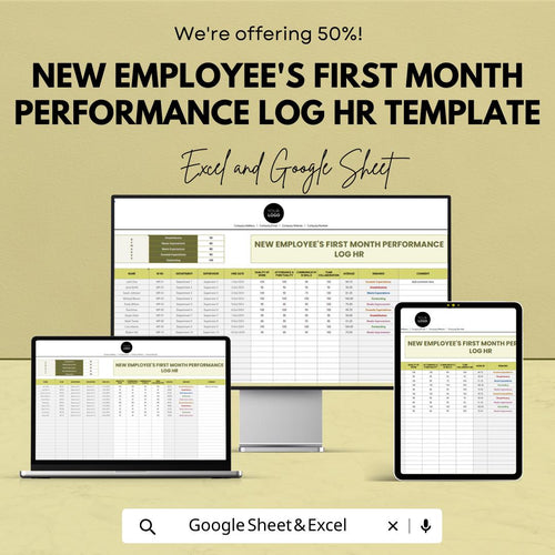 New Employee First Month Performance Log, HR On boarding Tracker, Employee Evaluation Spreadsheet,