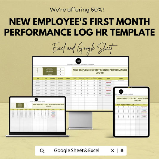 New Employee First Month Performance Log, HR On boarding Tracker, Employee Evaluation Spreadsheet,
