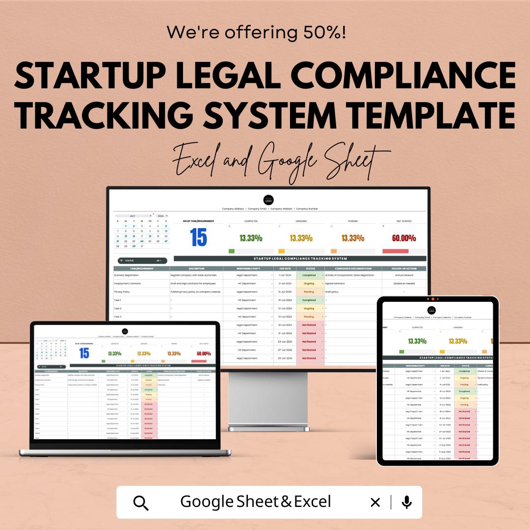 Startup Legal Compliance Tracking System Template | Excel & Google Sheets Compliance Tracker | Business Legal Spreadsheet