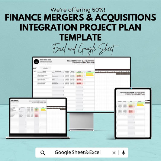 M  and A Integration Project Plan Template, Finance Merger Tracker, Excel & Google Sheets, Acquisition Planning Tool, Post Merger Checklist