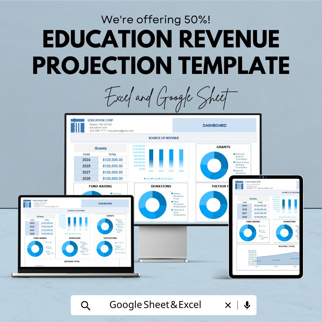 Education Revenue Projection Template | Automated Dashboard | Income Grants Donations Tracker | Financial Projection Template