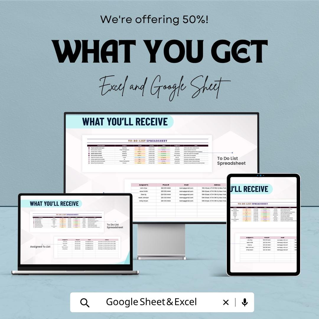 To Do List Spreadsheet Template | Daily Task Planner | Productivity Tracker | Task Management Spreadsheet | Personal Organizer |