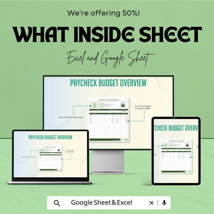 Paycheck Budget Overview Template | Excel & Google Sheets | Monthly Budget Planner | Income Expense Tracker | Financial Planning Spreadsheet