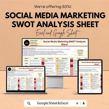 Social Media Marketing SWOT Analysis Sheet - Excel & Google Sheet Template for Strategy, Planning, and Performance