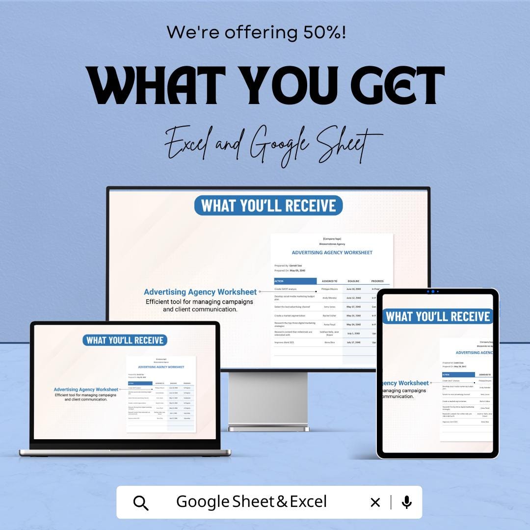 Advertising Agency Worksheet | Google Sheets Project Tracker | Campaign Management Template | Client Task Organizer | Editable Agency Sheet