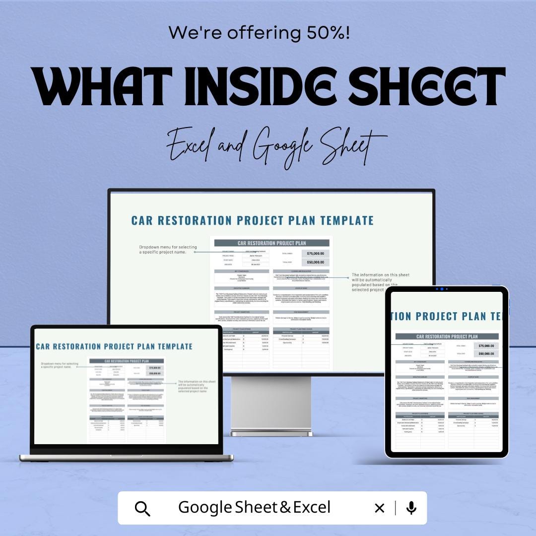 Car Restoration Project Plan Sheet | Google Sheet | Project Management Template | Customizable Gantt Chart | Restoration Project Planner