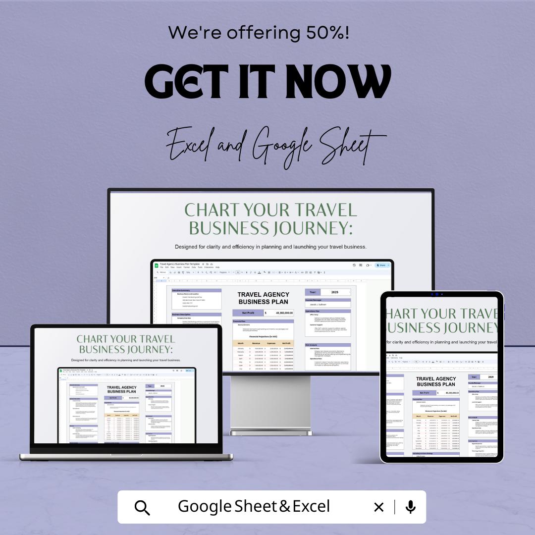 Travel Agency Business Plan Template | Excel and Google Sheets Startup Plan | Financial Projections & Strategy Dashboard