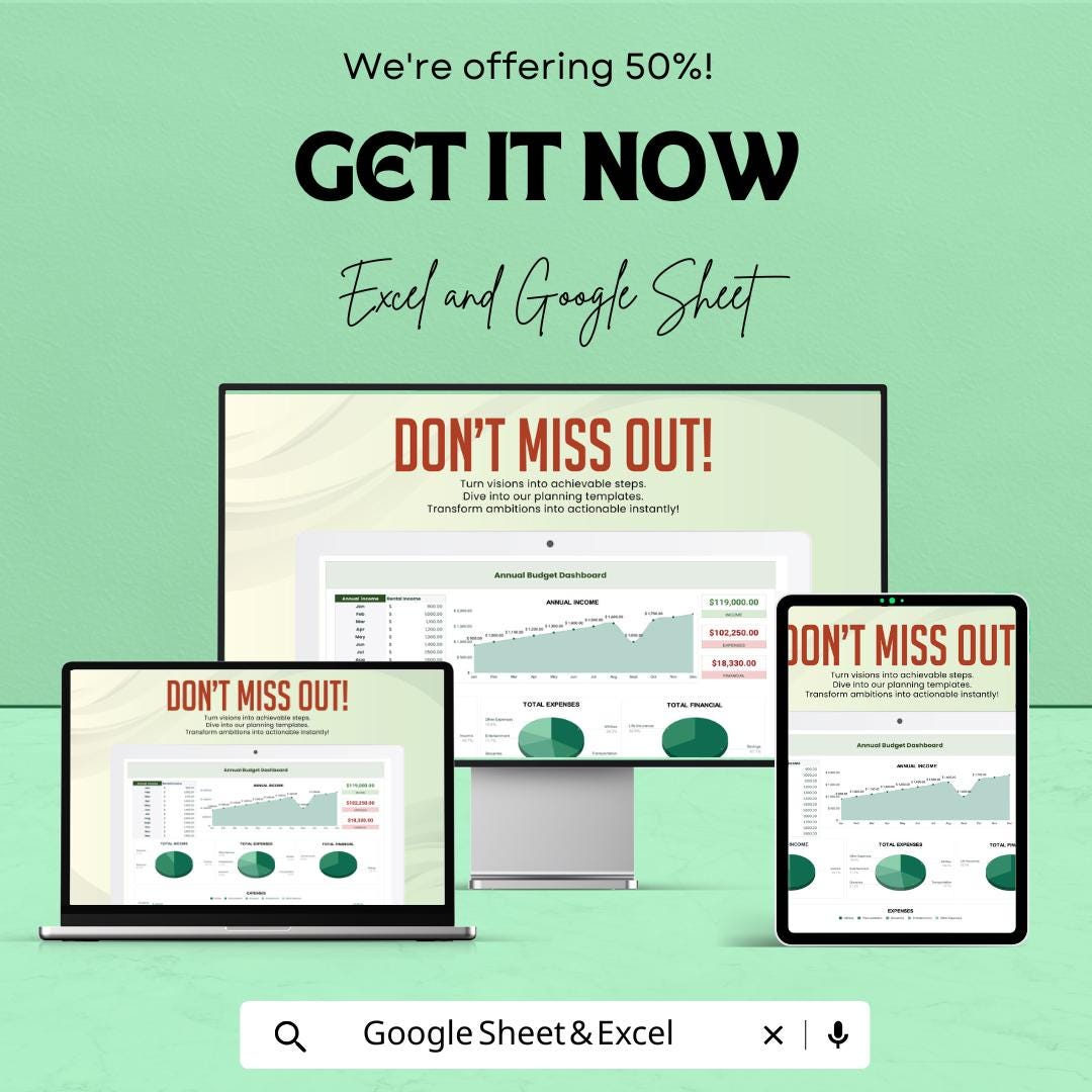 Annual Budget Spreadsheet Template | Excel & Google Sheets | Yearly Budget Planner | Expense Tracker Dashboard