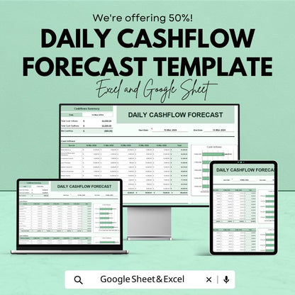 Daily Cashflow Forecast Template, Cash Flow Spreadsheet, Daily Finance Tracker, Business Cash Planner, Short Term Forecast