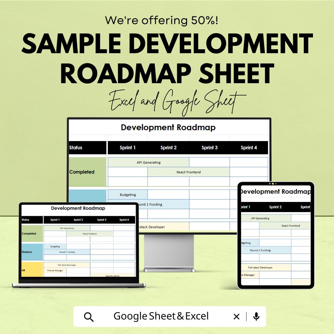 Sample Development Roadmap Sheet | Excel & Google Sheets Template | Sprint Planning | Task Management for Developers