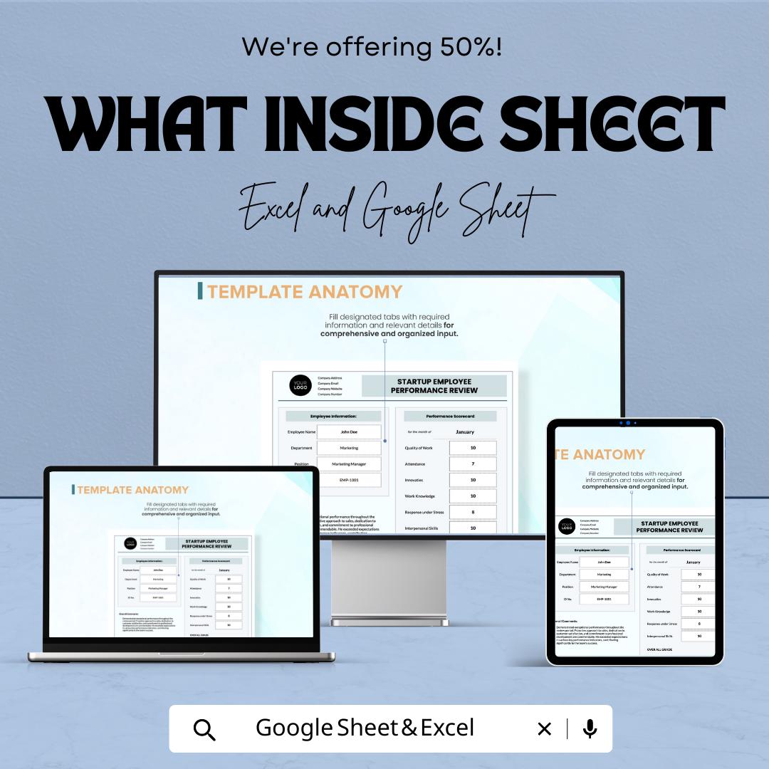 Startup Employee Performance Review Template | Excel & Google Sheets | Employee Evaluation Form | Performance Review Tracker