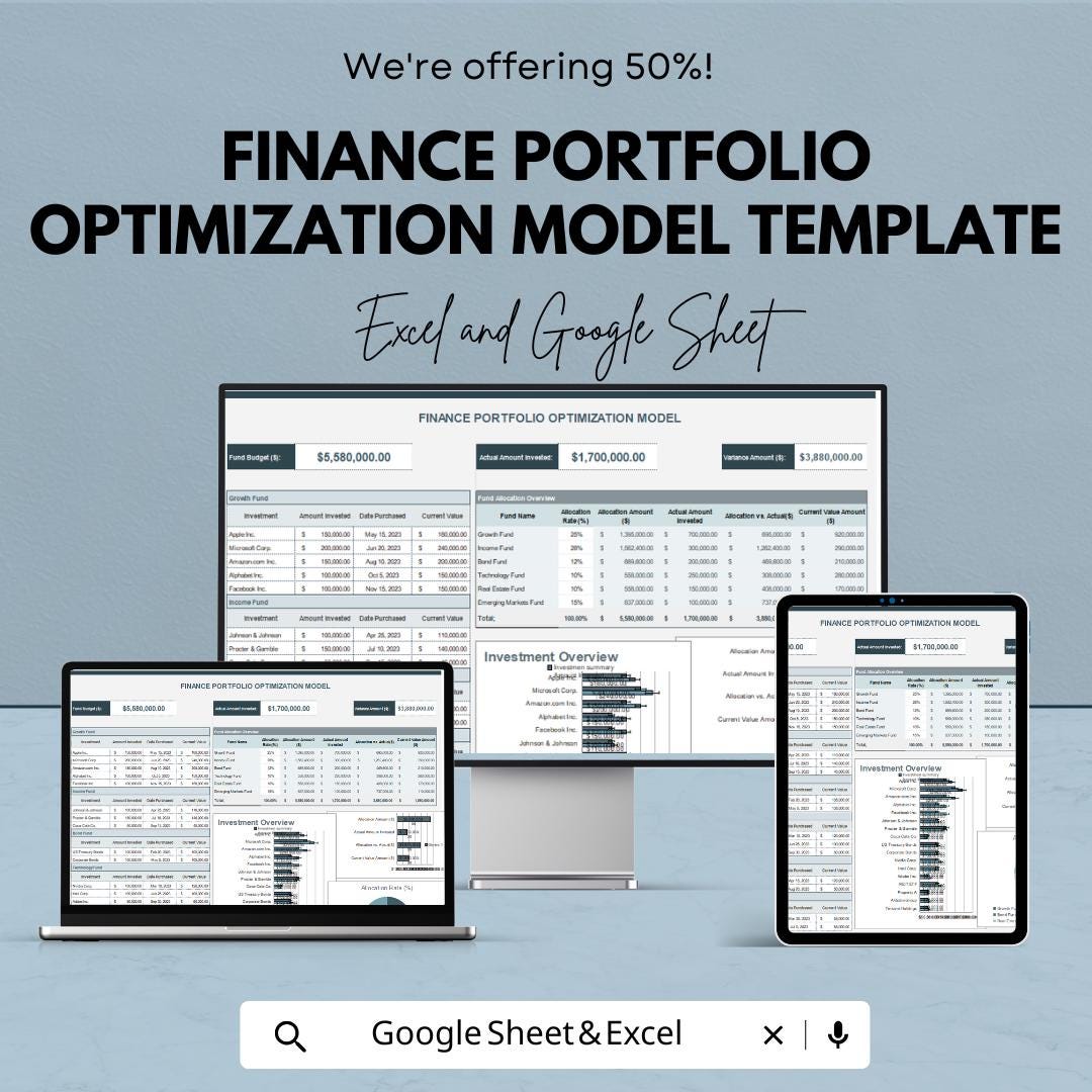 Finance Portfolio Optimization Model Template | Investment Tracker | Asset Allocation Tool | Portfolio Analysis Spreadsheet