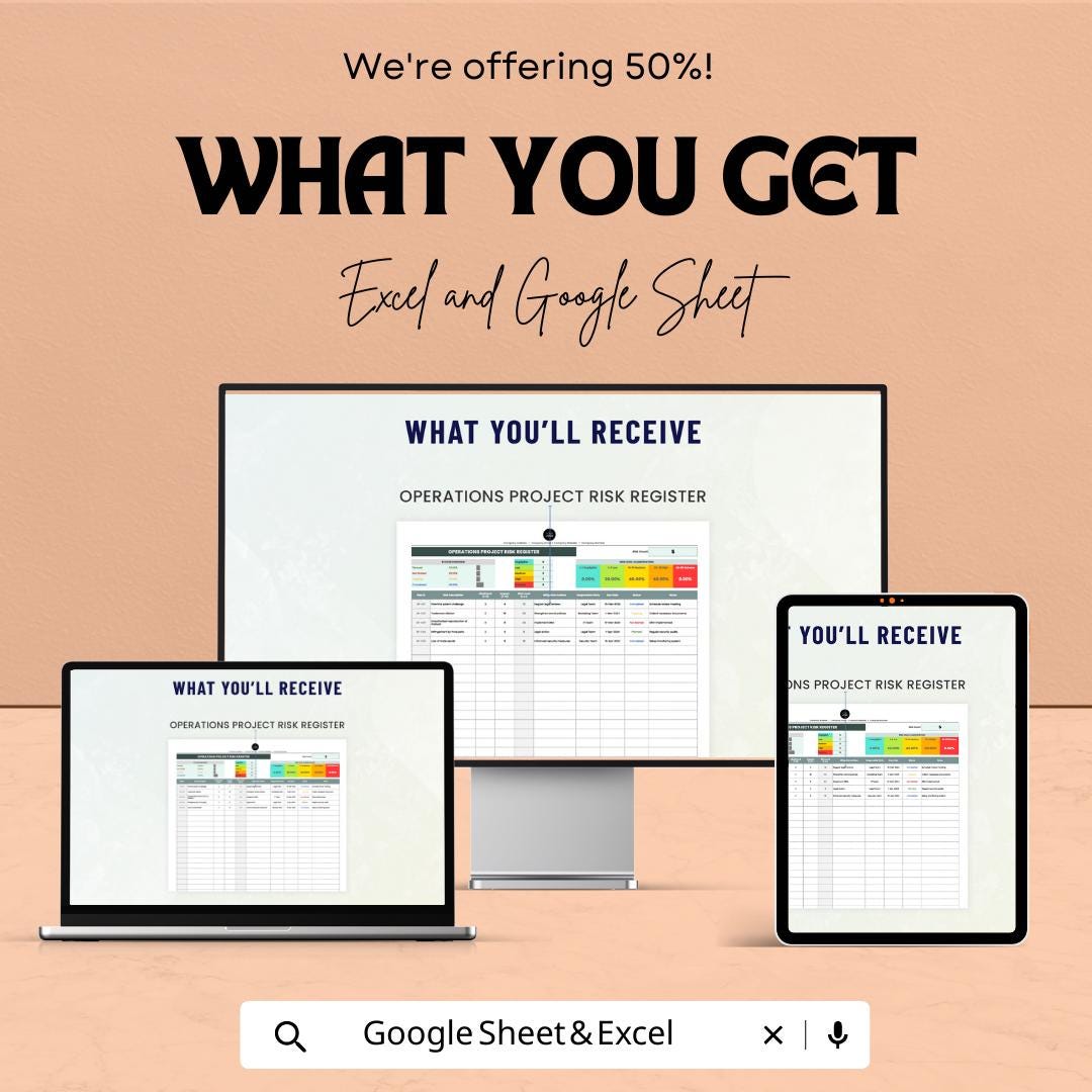 Operations Project Risk Register Template | Risk Management Dashboard | Excel & Google Sheets