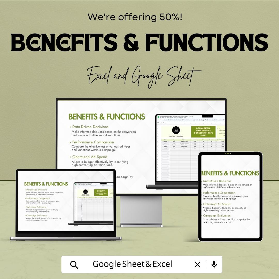 Social Media Marketing Ad Conversion Rate Sheet Template | Excel and Google Sheets | Ad Performance Tracker | Campaign ROI Dashboard |