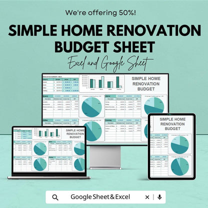 Simple Home Renovation Budget Sheet | Excel & Google Sheets | Editable Budget Tracker | House Remodel Planner