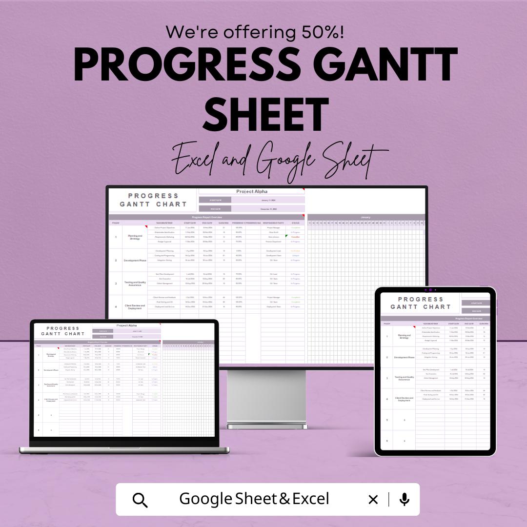 Progress Gantt Chart Template | Project Management Progress Tracker | Task Scheduling and Milestones Tracker | Team Collaboration Tool