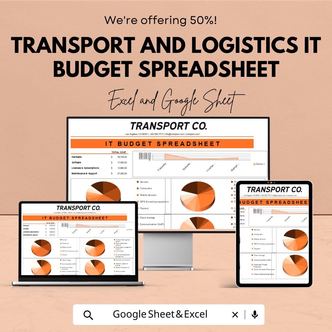 Transport and Logistics IT Budget Spreadsheet | Excel & Google Sheets | Logistics Cost Planner | Transportation IT Budget Template