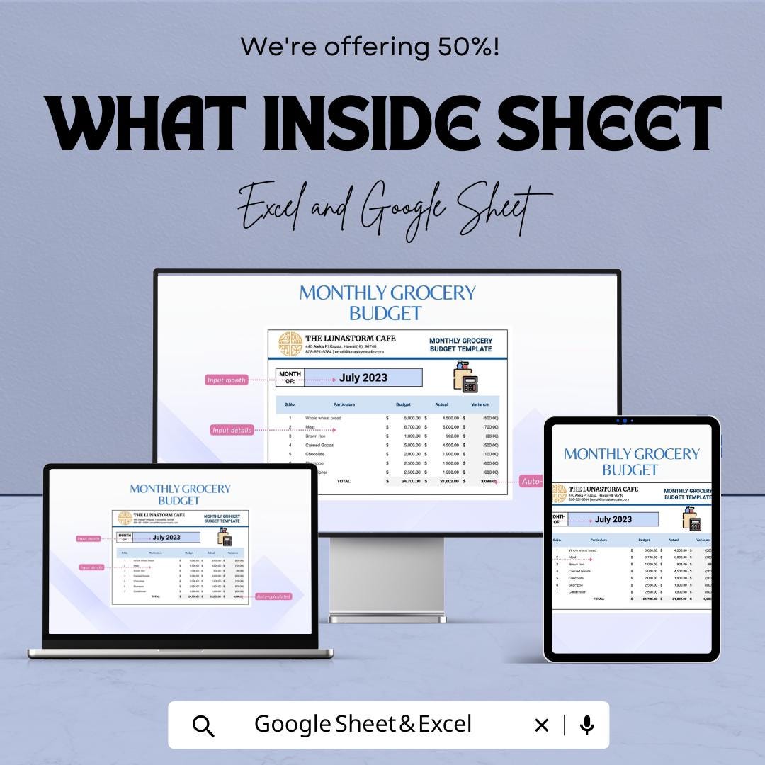 Monthly Grocery Budget Template | Expense Tracker | Food Budget Planner | Editable Excel & Google Sheets | Monthly Spending Tracker