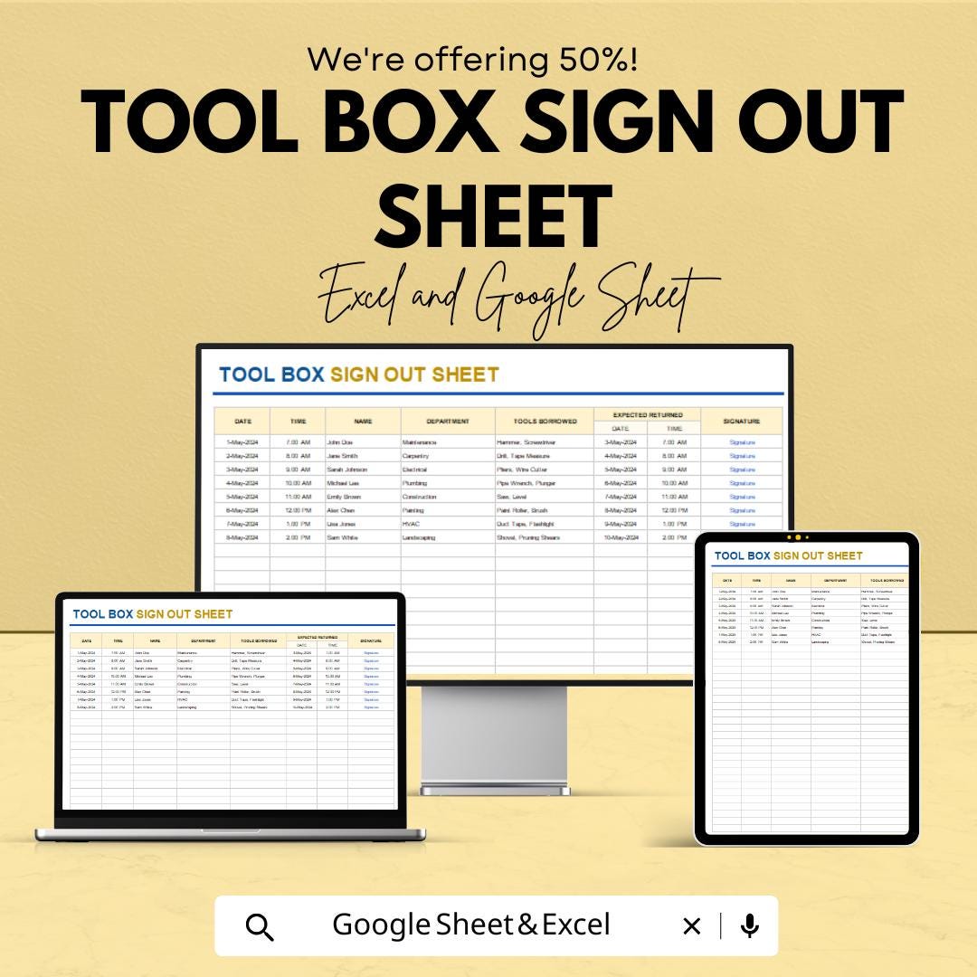 Tool Box Sign Out Sheet – Google Sheets Template – Track Equipment Check-Out for Teams and Departments – Printable Work Log for Tools