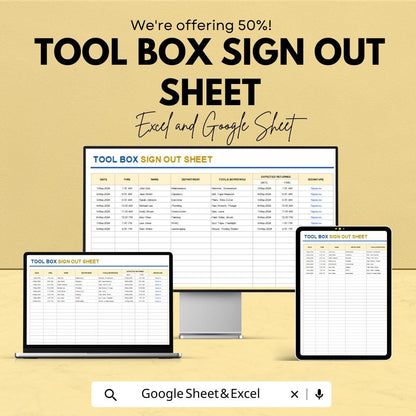 Tool Box Sign Out Sheet – Google Sheets Template – Track Equipment Check-Out for Teams and Departments – Printable Work Log for Tools