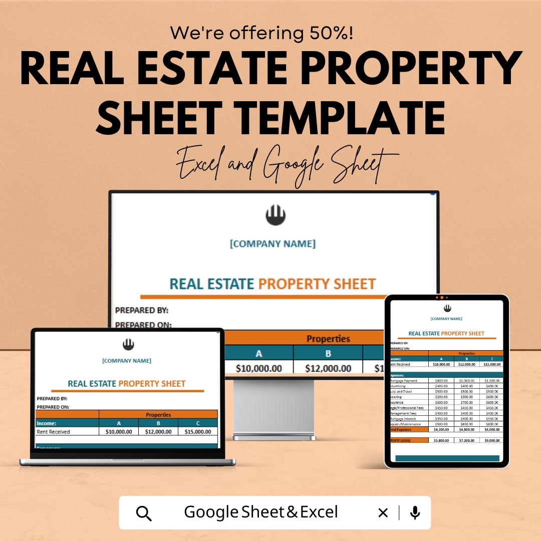 Real Estate Property Sheet Template | Excel & Google Sheets | Rental Property Tracker | Property Management Spreadsheet