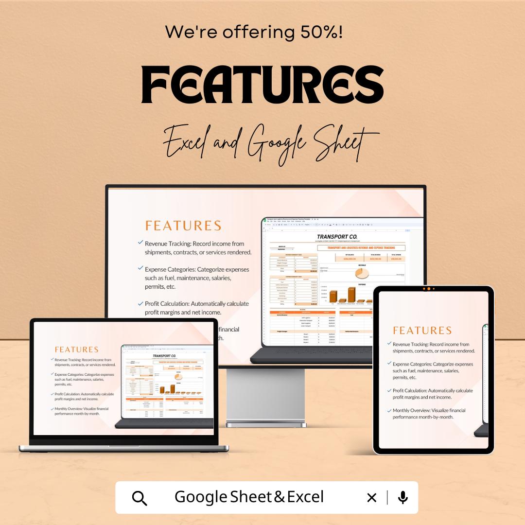 Transport and Logistics Revenue and Expense Tracking Sheet | Excel & Google Sheet Template | Financial Management for Transport Companies