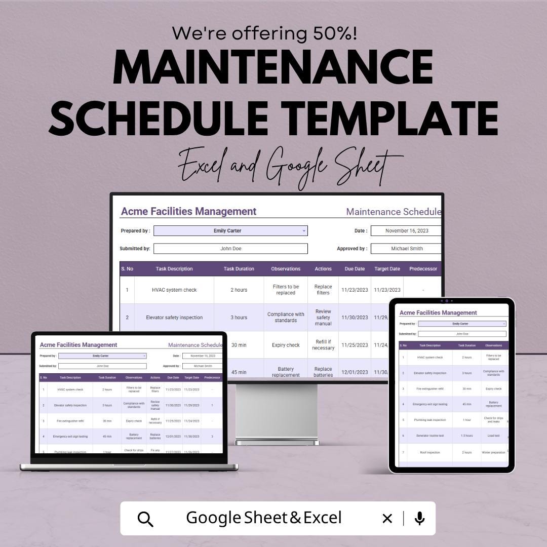 Maintenance Schedule Template | Maintenance Planner Spreadsheet | Equipment Maintenance Log