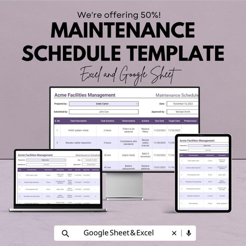 Maintenance Schedule Template | Maintenance Planner Spreadsheet | Equipment Maintenance Log