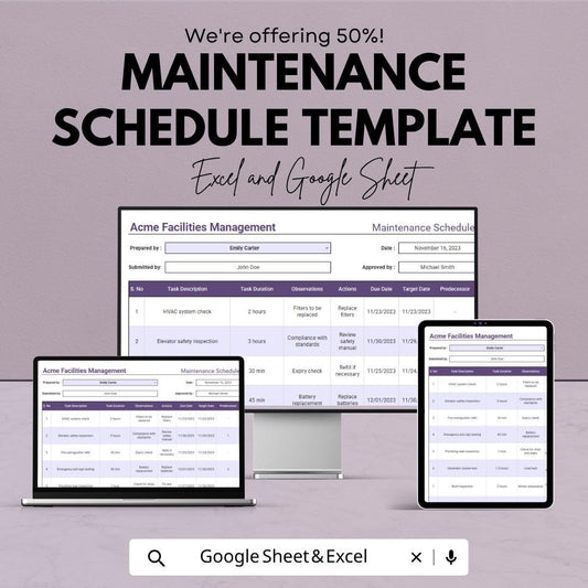 Maintenance Schedule Template | Maintenance Planner Spreadsheet | Equipment Maintenance Log