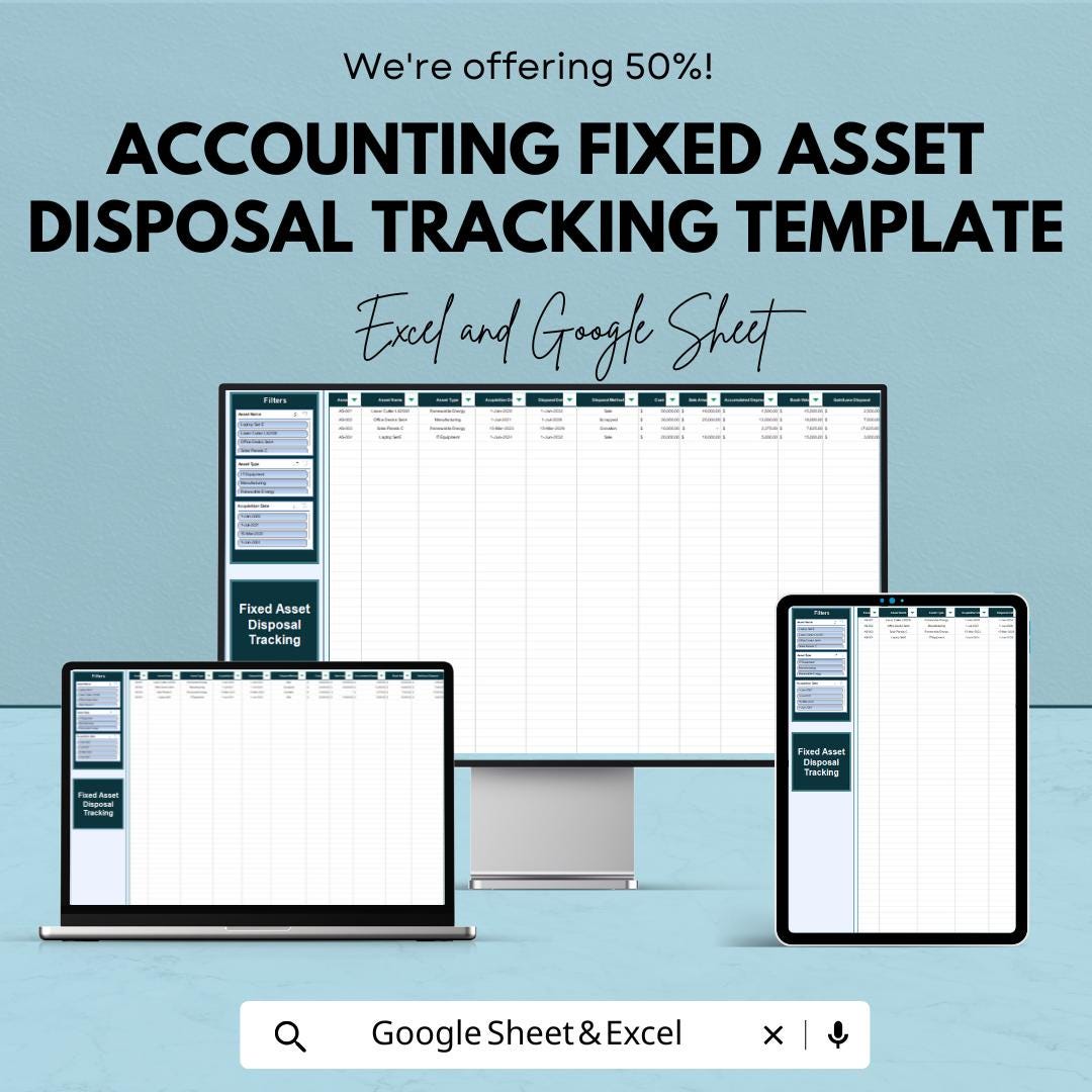Accounting Fixed Asset Disposal Tracking Template | Fixed Asset Register Tracker | Accounting Spreadsheet