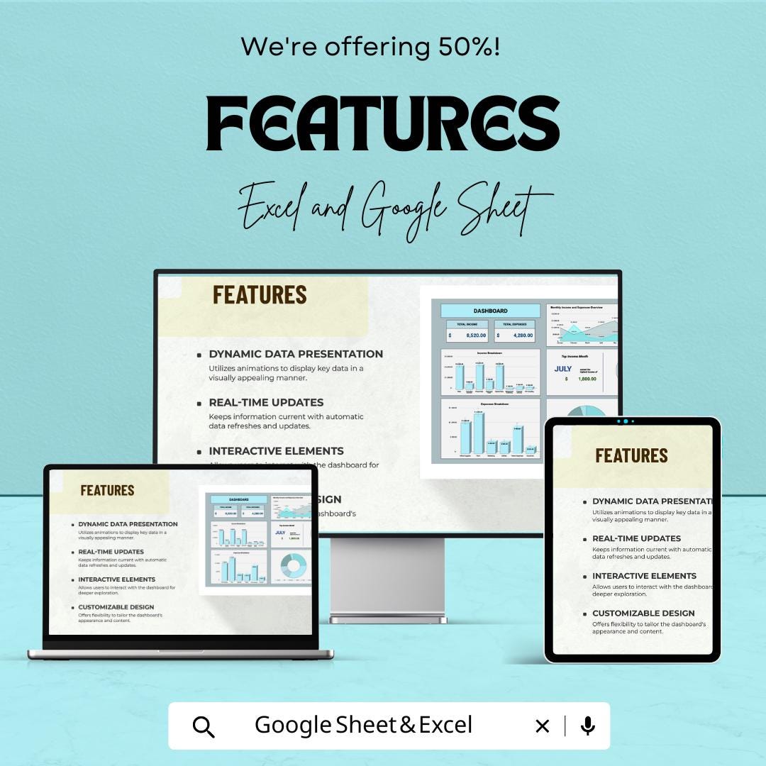 Animated Key Data Dashboard | Google Sheets and Excel Template | Interactive Business KPI Report | Expense Tracker & Income Report