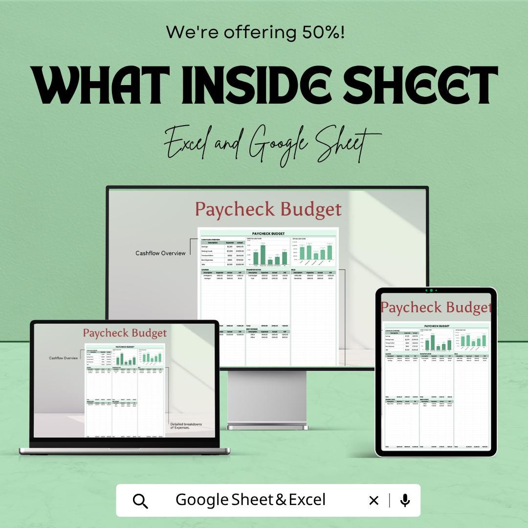 Paycheck Budget Template for Excel & Google Sheets | Monthly Budget Planner Spreadsheet | Personal Finance Tracker | Cash Flow Budget Sheet