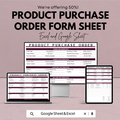 Product Purchase Order Form Template – Excel and Google Sheets – Manage Inventory & Vendor Information, Streamline Procurement Process |