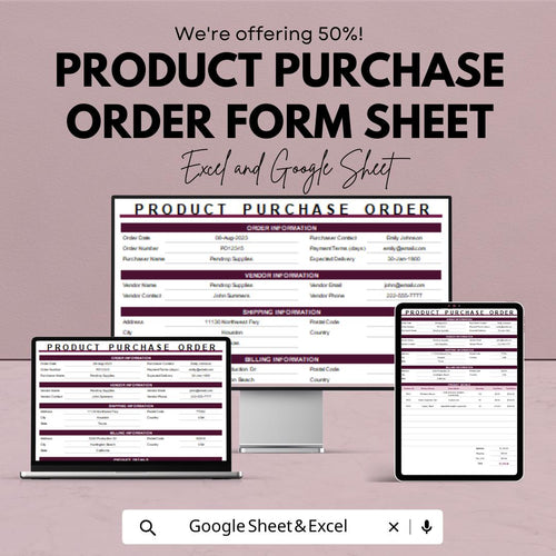 Product Purchase Order Form Template – Excel and Google Sheets – Manage Inventory & Vendor Information, Streamline Procurement Process |