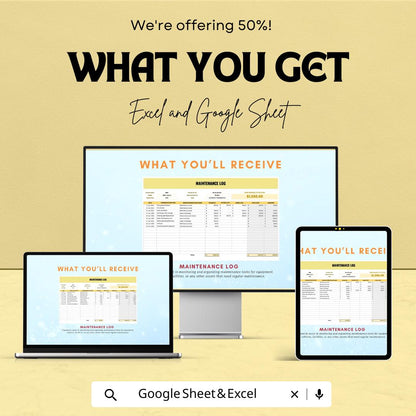 Maintenance Log Sheet | Asset Tracking Template | Equipment and Maintenance Management | Excel & Google Sheets Template | Auto-Calculation