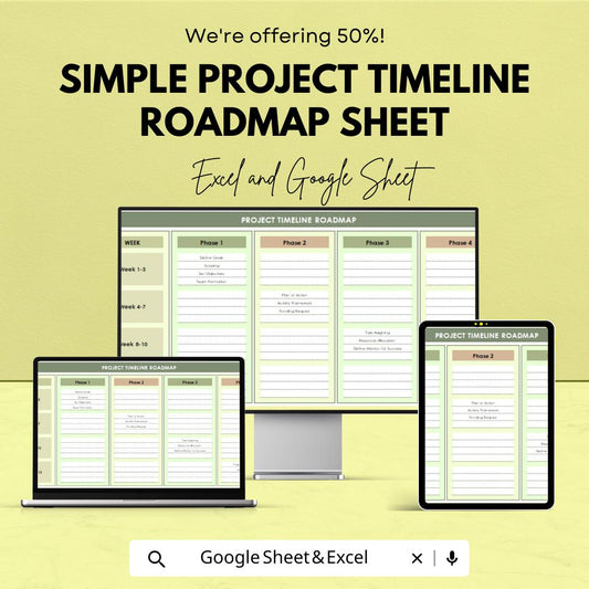 Simple Project Timeline Roadmap Sheet - Excel & Google Sheets - Track Project Phases, Tasks, Milestones - Project Management Template