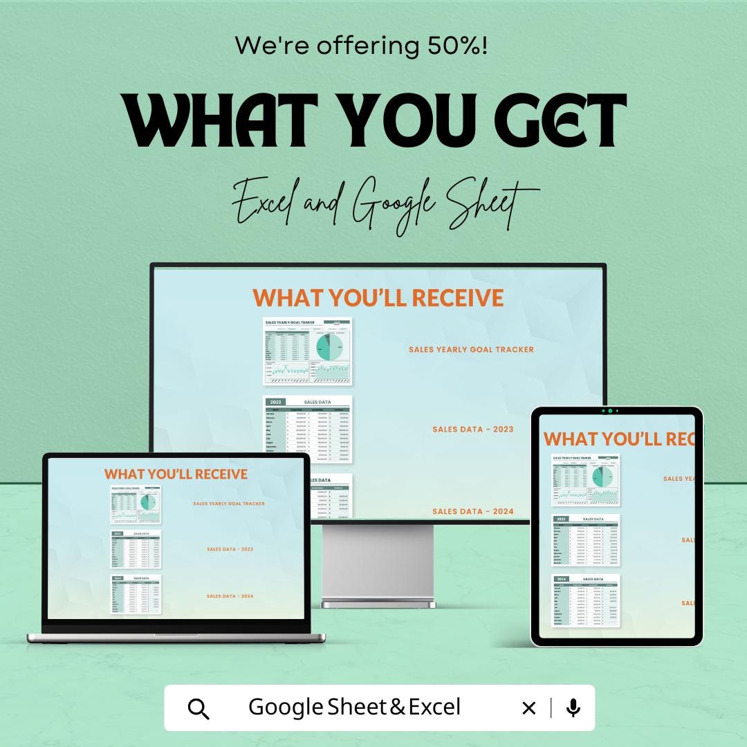 Sales Yearly Goal Tracker Template | Excel and Google Sheets | Annual Sales Dashboard | Business Revenue Goal Planner | Income Tracker