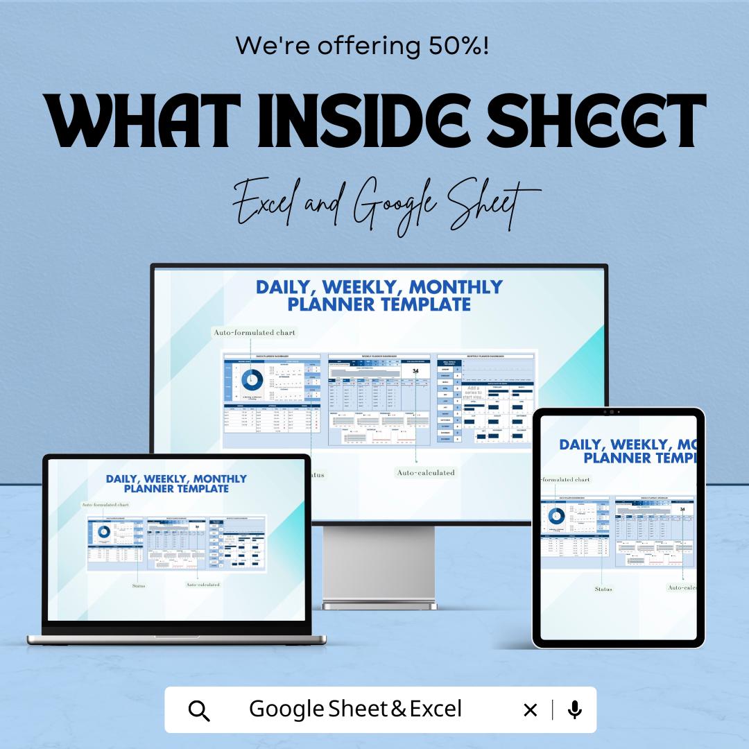 Daily, Weekly, Monthly Planner Sheet | Excel and Google Sheets Template | Task Management, Goal Setting & Scheduling Tool