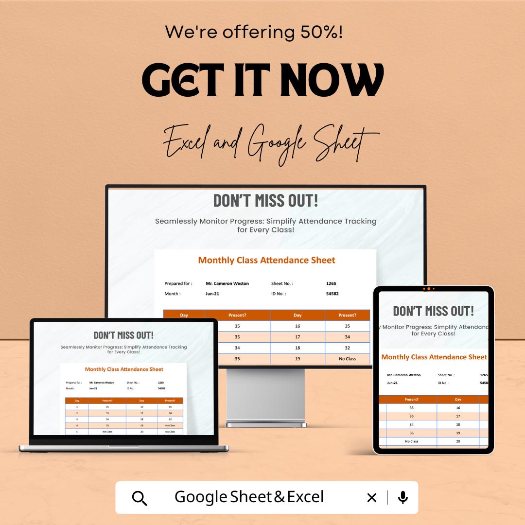 Monthly Class Attendance Sheet - Excel & Google Sheet Template for School, Teachers, Attendance Tracker