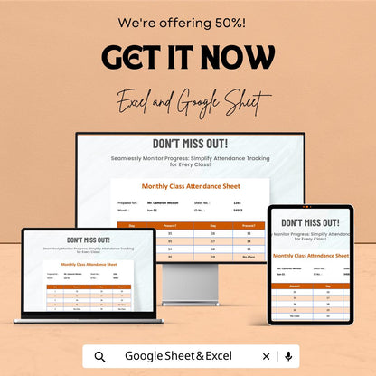 Monthly Class Attendance Sheet - Excel & Google Sheet Template for School, Teachers, Attendance Tracker