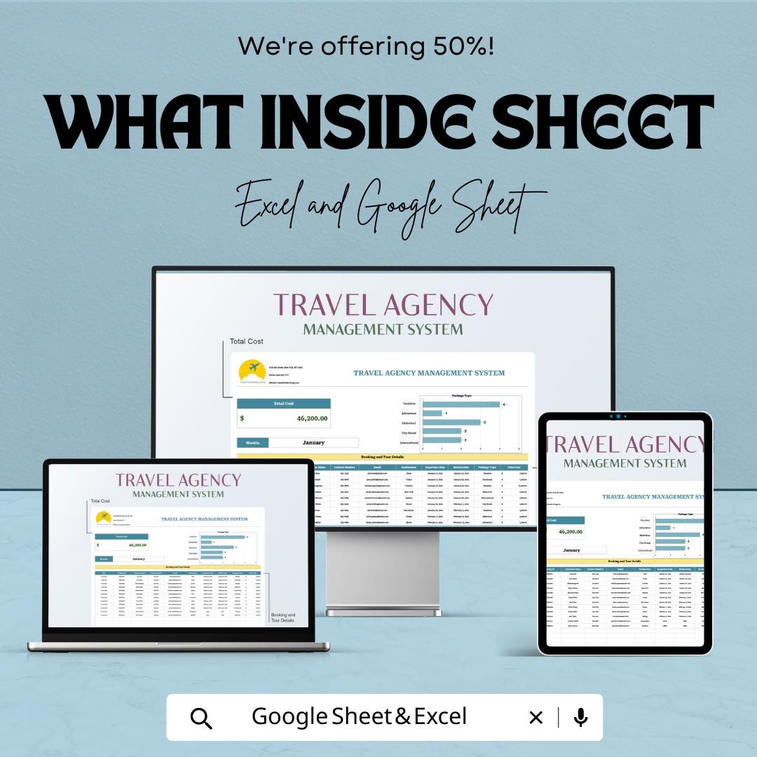 Travel Agency Management System Template | Booking Tracker Spreadsheet | Sheets Travel Business Dashboard | Tour Management Tool