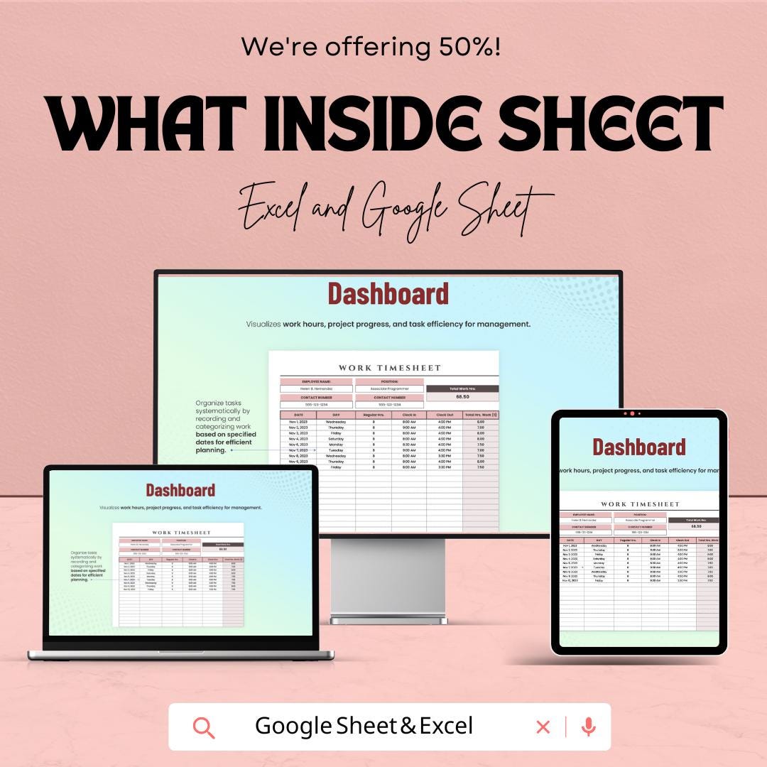Work Timesheet Sheet for Employee Hours | Track Work Hours, Overtime, and Payroll | Excel and Google Sheet Template
