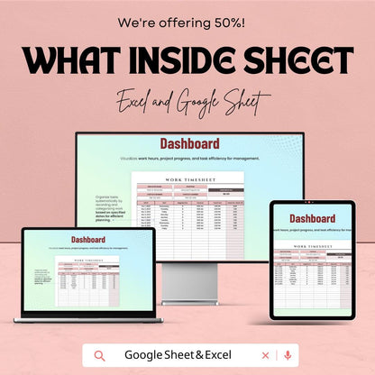 Work Timesheet Sheet for Employee Hours | Track Work Hours, Overtime, and Payroll | Excel and Google Sheet Template